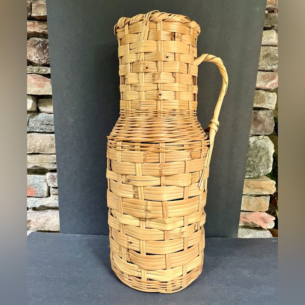 VTG Wicker 20" Floor Vase Boho Decor Handle Urn 70s Bohemian Pampas Grass Large